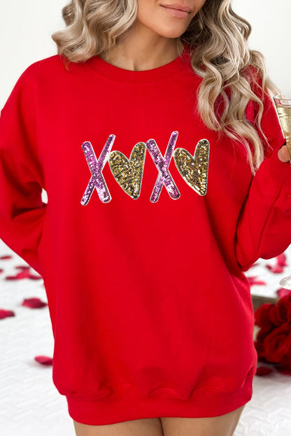 Heart Xoxo Graphic Crewneck Valentines Pullover Sweatshirt | Red