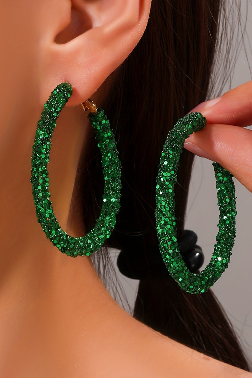 St. Patricks Fashion Daring Sequin Loop Earrings | Dark Green