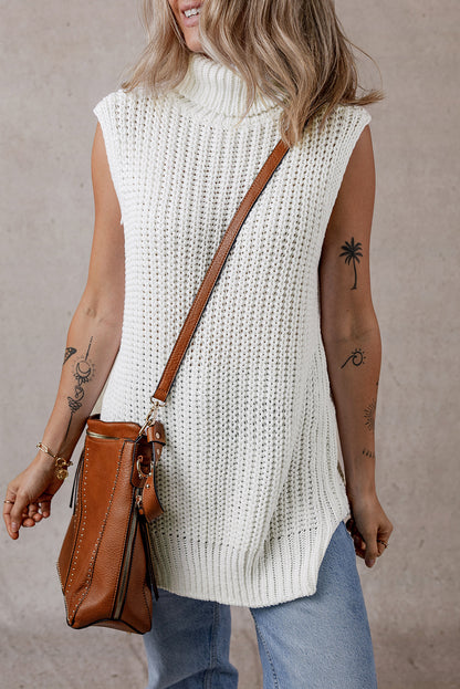 Turtleneck Knitted Slit Hem Sweater Vest | White