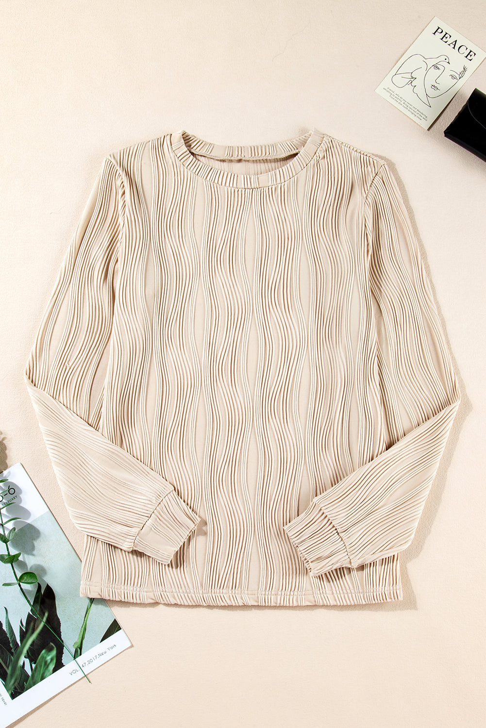 Textured Wavy Round Neck Long Sleeve Top | Apricot