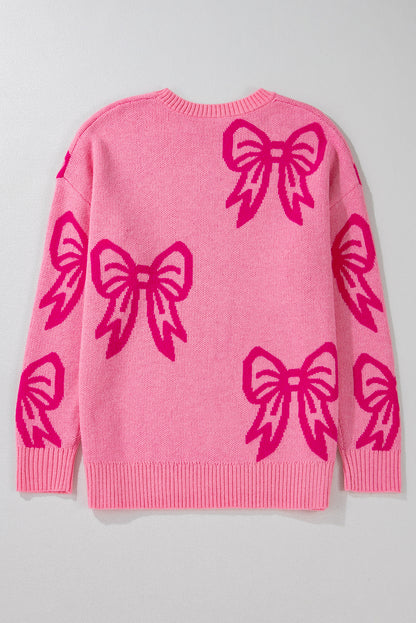 Bow Pattern Drop Shoulder Loose Sweater | Pink