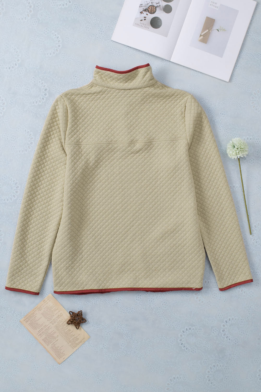 Contrast Binding Snap Button Geometric Pullover Sweatshirt | Beige