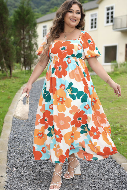 Plus Size Flower Print Shirred Square Neck Maxi Dress | Orange