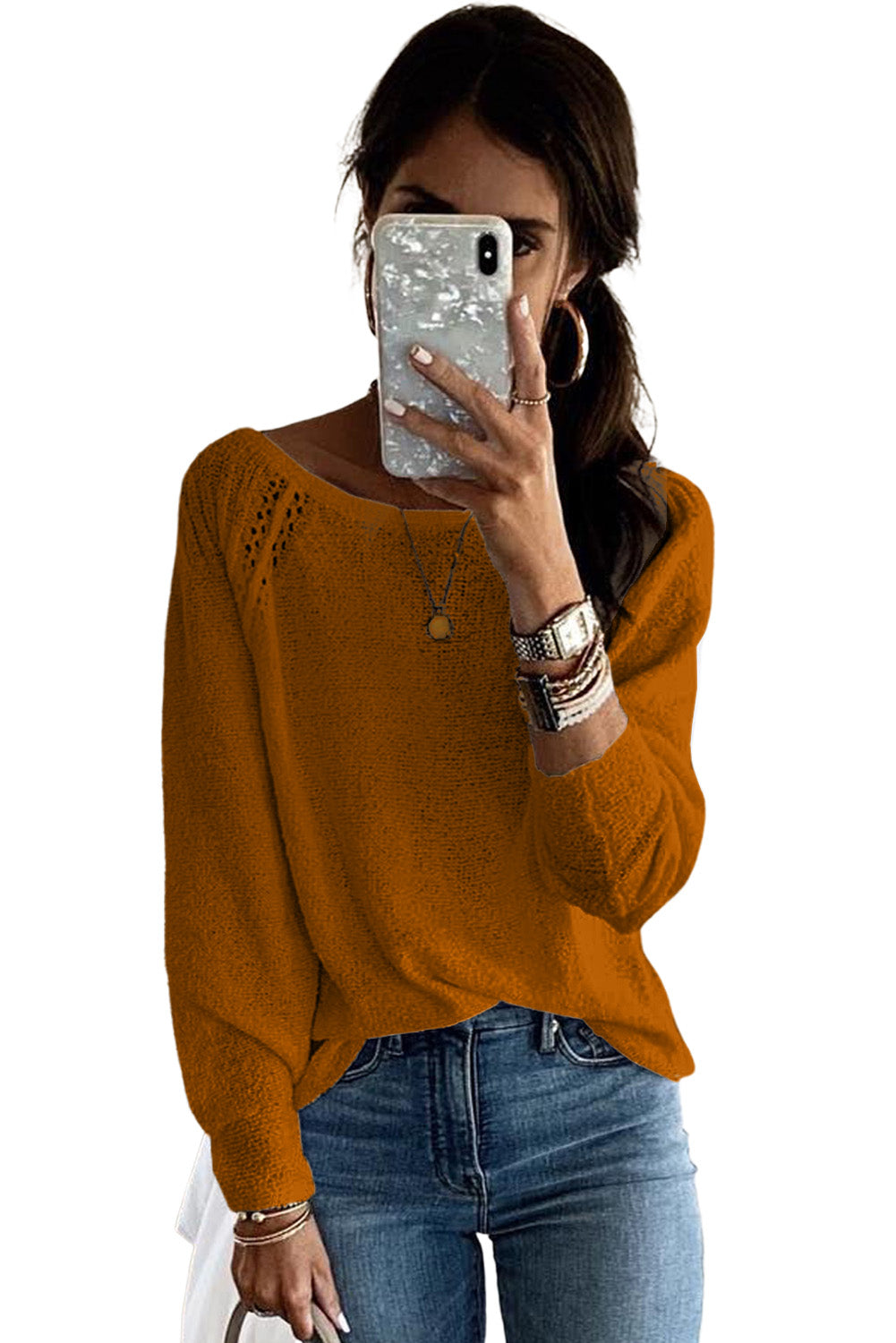 Long Sleeve Cutout Shoulder Relaxed Sweater | Brown