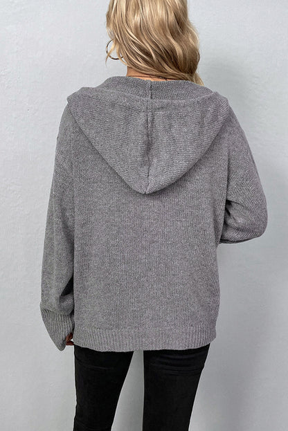 Drawstring Hooded Button Up Drop Shoulder Sweater Cardigan | Medium Grey