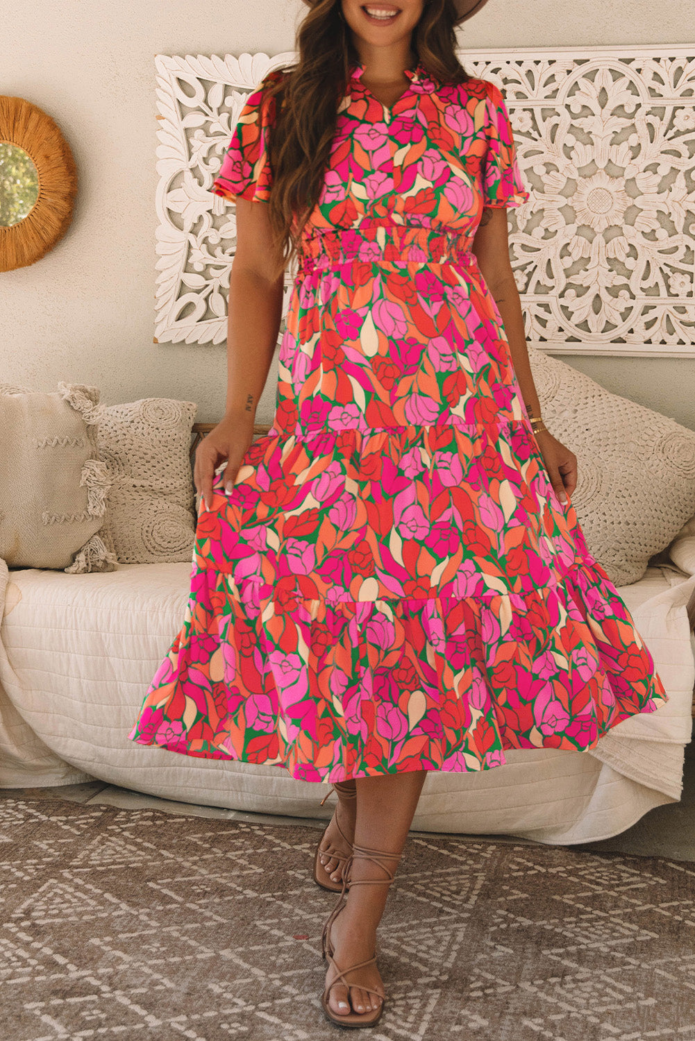 Floral Short Sleeve Smocked Waist Maxi Dress | Rose