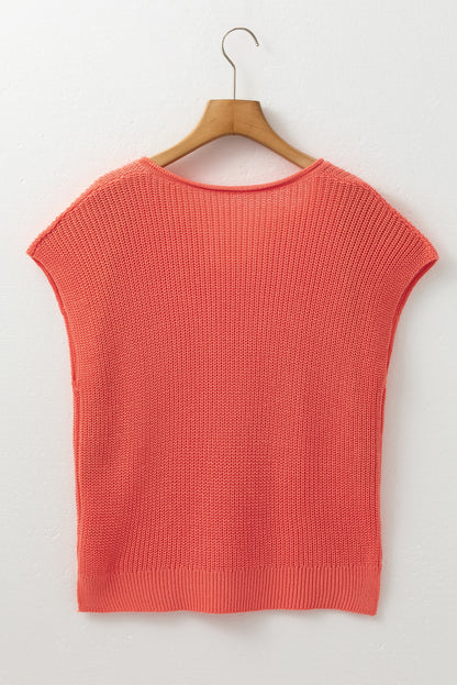 Solid Textured Knitted Notch V Neck Sweater T Shirt | Flamingo