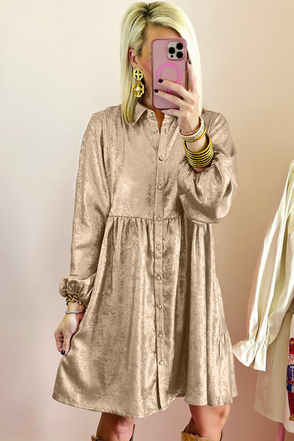 Metallic Sheen Puff Sleeve Button Up Mini Shirt Dress | Apricot