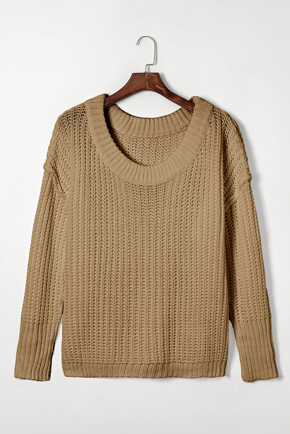 Khaki Ribbed Knit Round Neck Slouchy Chunky Sweater | Apricot khaki