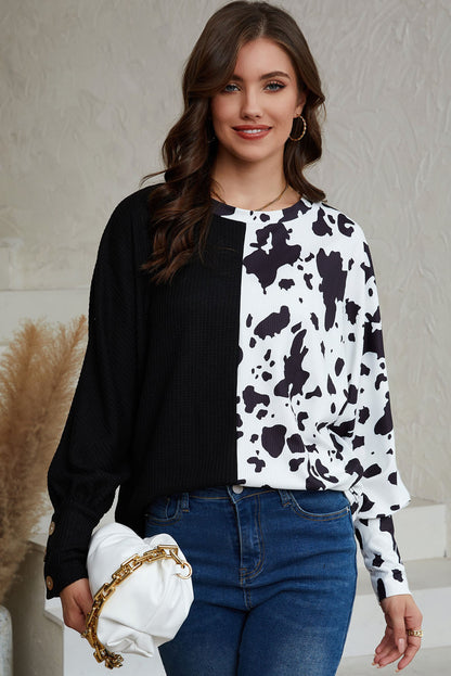 Cow Patchwork Waffle Knit Long Sleeve Top | Black