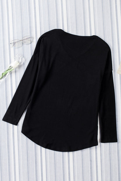 Solid Colour V Neck Long Sleeve Knit Top | Black