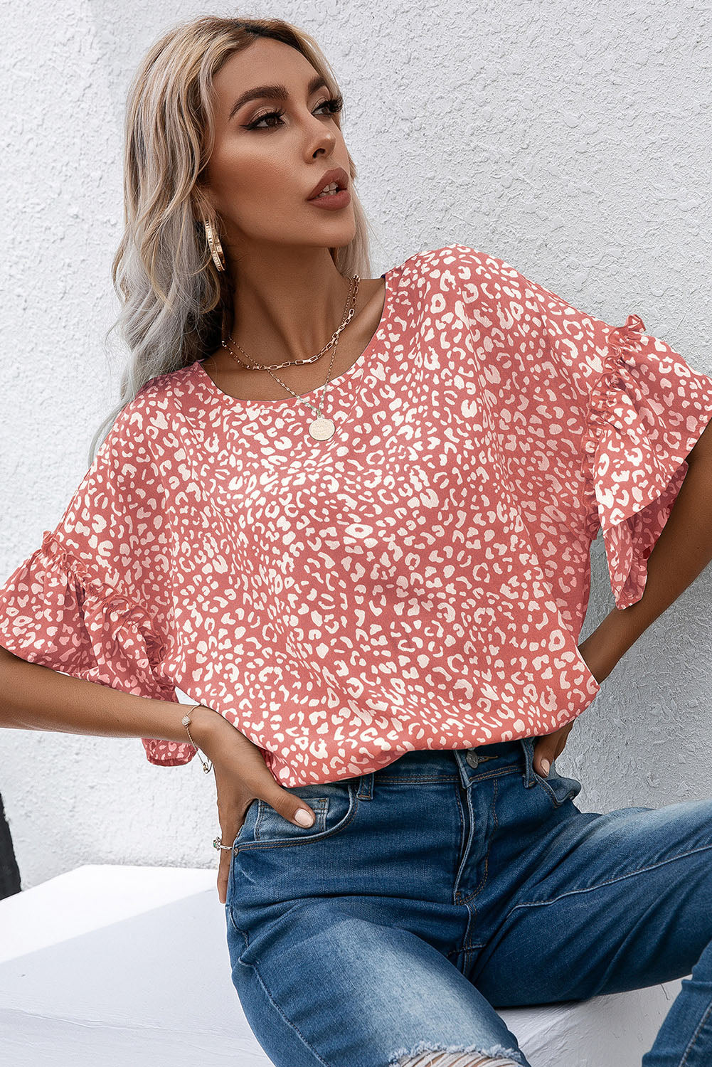 Leopard Spotted Ruffle Sleeve T-Shirt | Pink