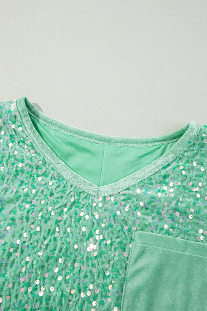 Sequin Batwing Sleeve V Neck Velvet Blouse | Moonlight Jade