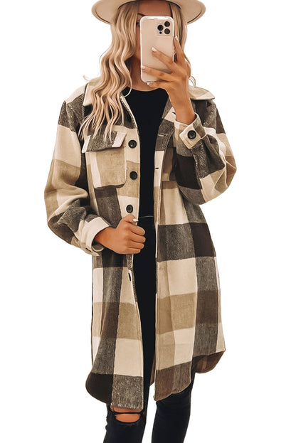 Plaid Button-Down Flap Pocket Long Shacket | Khaki