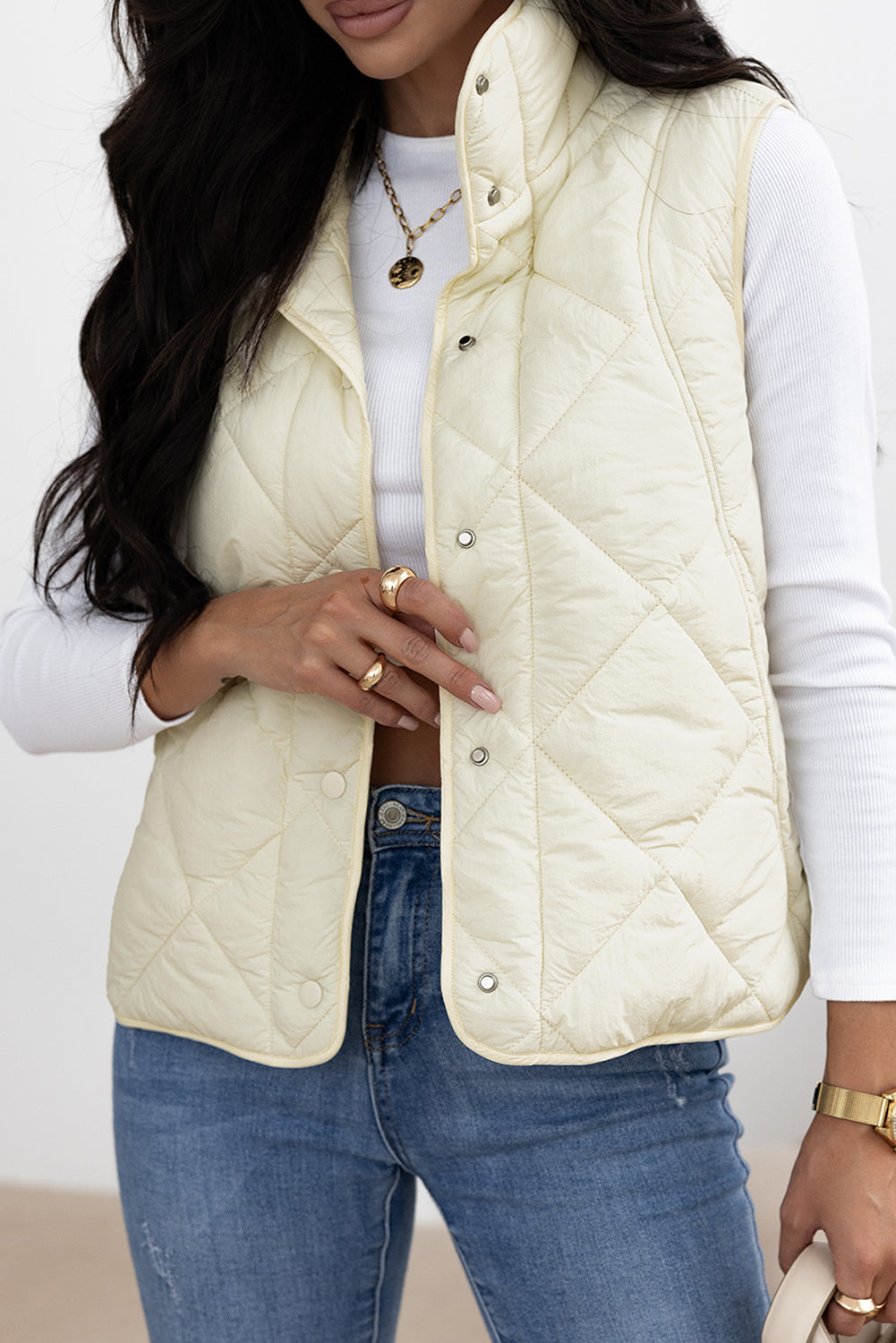 Quilted High Neck Button Up Pocket Vest Coat | Beige