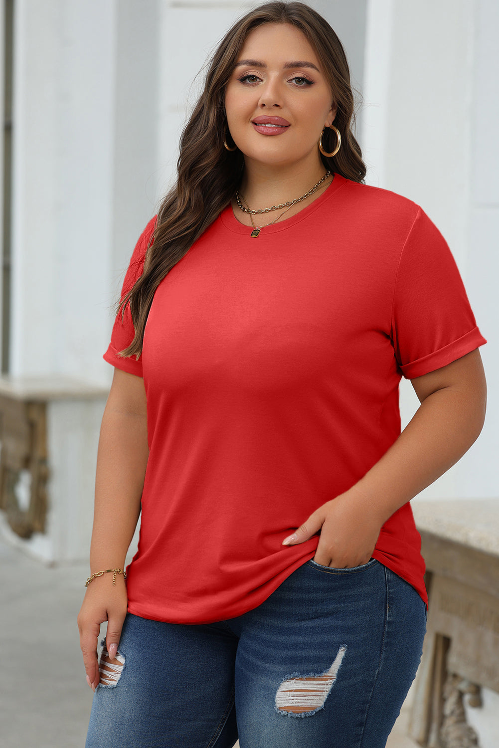 Casual Plain Crew Neck Tee | Red