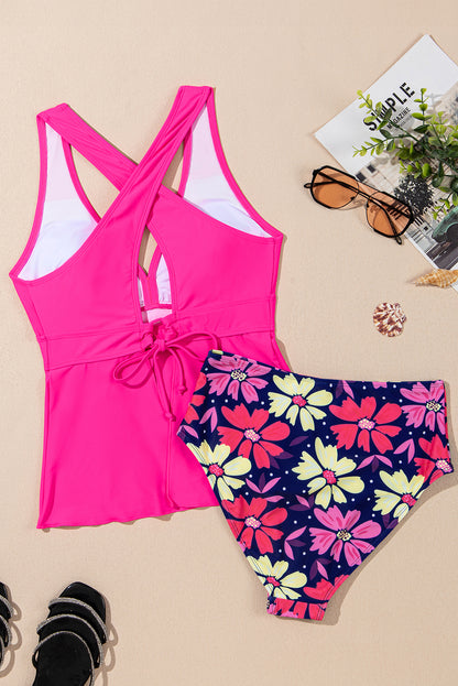 V Neck Ruffled Hem Floral Bottom Tankini Set | Rose