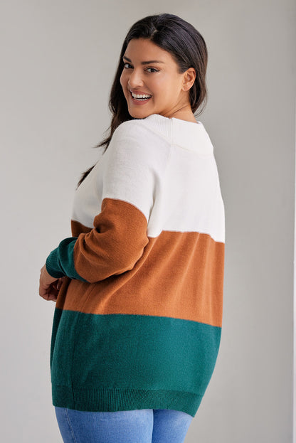 Plus Size Ribbed Trim Colour Block Sweater | Brown