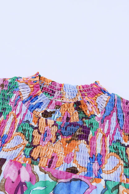 Floral Print Flutter Sleeves Smocked Neck Blouse | Multicolour