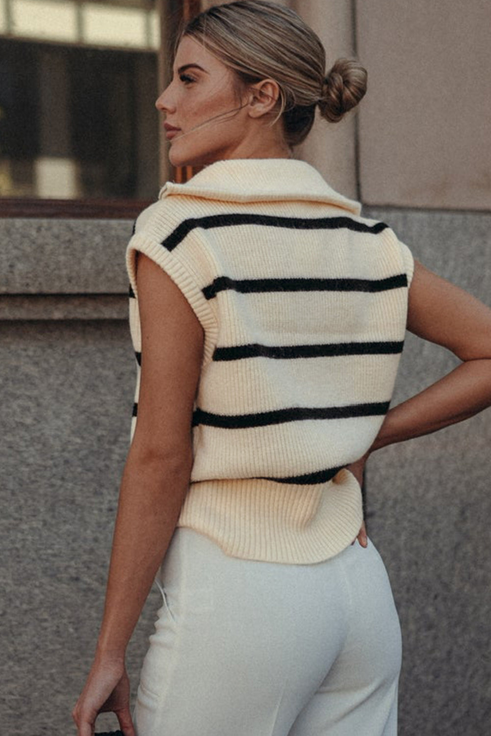 Zipped Collar Cap Sleeve Knit Top | White Stripe