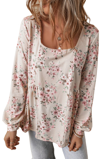 Floral Print Pleated U Neck Loose Fit Blouse | Pink