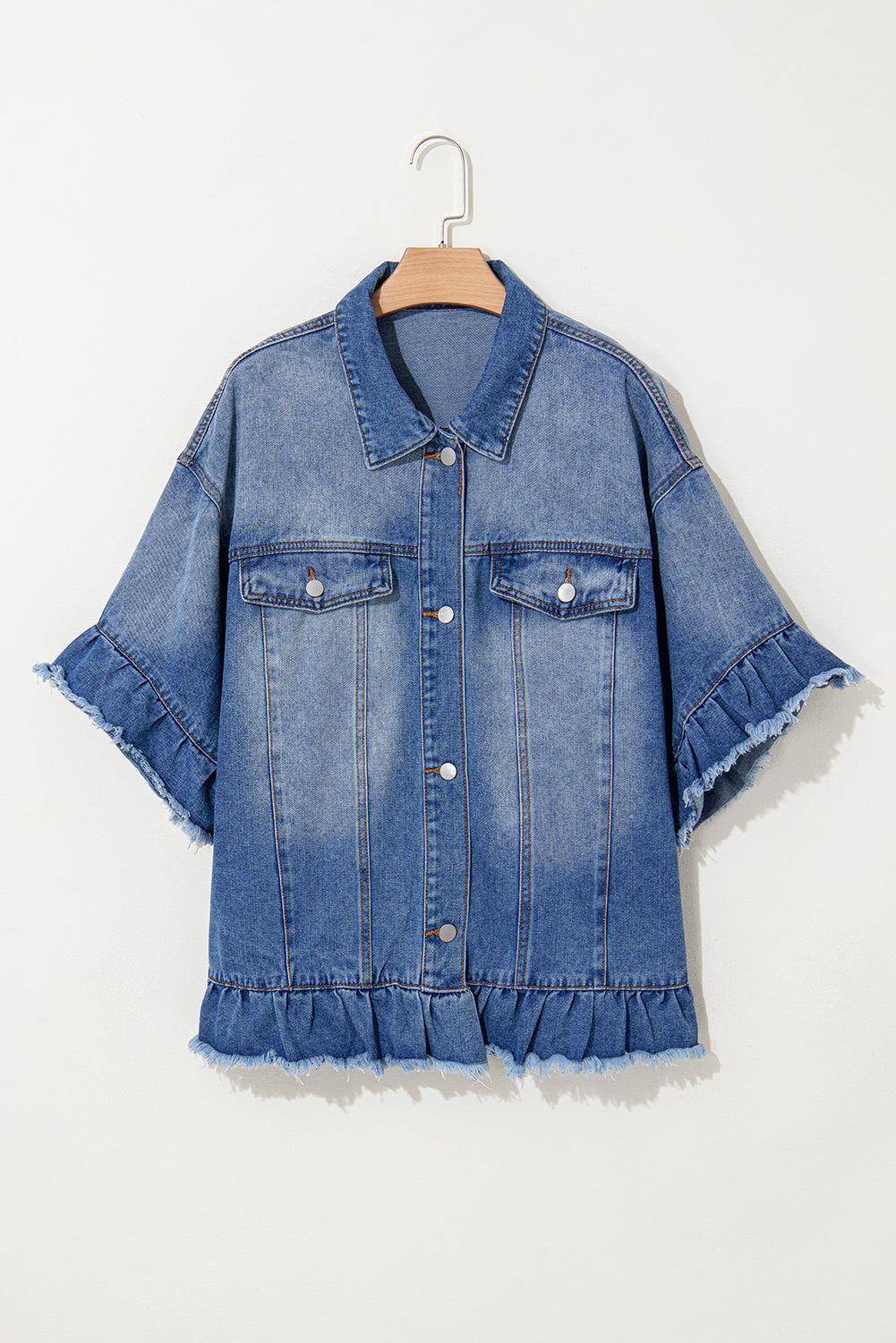 Ruffled Frayed Short Sleeve Plus Size Denim Jacket | Peacock Blue