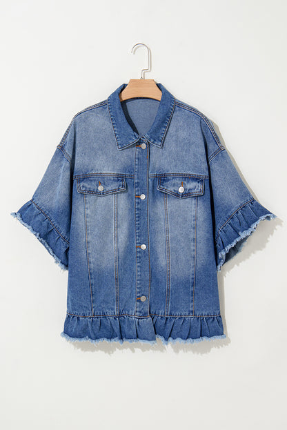 Ruffled Frayed Short Sleeve Plus Size Denim Jacket | Peacock Blue