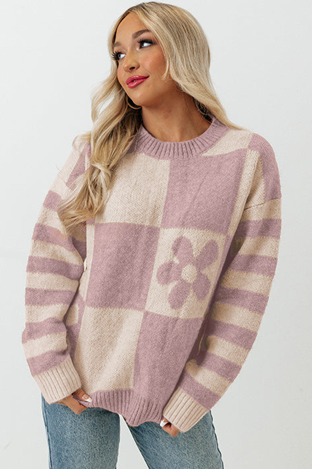 Checkered Floral Print Striped Sleeve Sweater | Orchid Petal