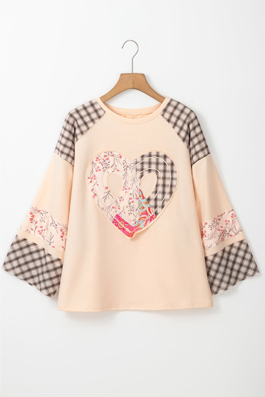 Plaid Floral Peace Heart Graphic Wide Long Sleeve Top | Beige