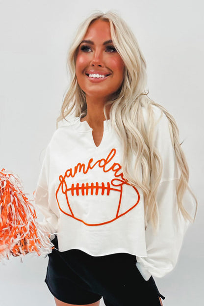 White Game Day Lettering Rugby Football Notched Neck Sweatshirt | Bright White