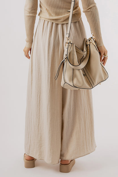 Drawstring Waist Pleated Wide Leg Casual Pants | Beige