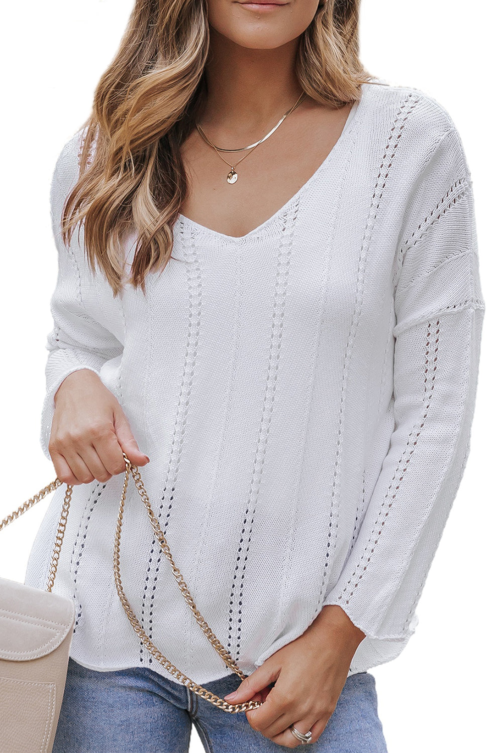 Hollowed Detail Knitted Loose V Neck Sweater | White