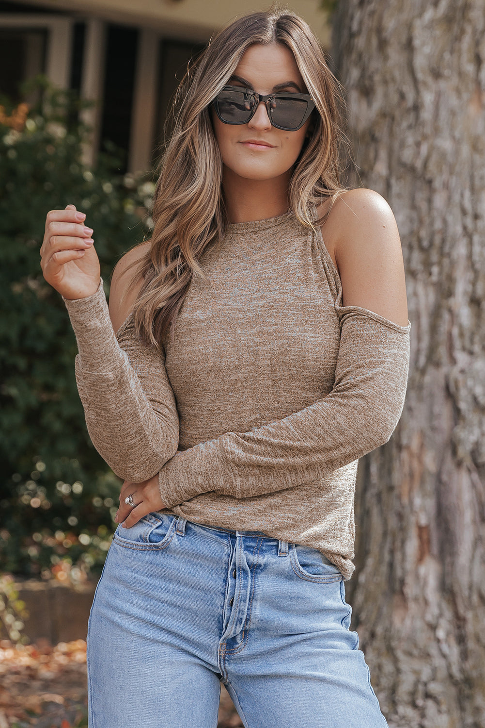 Marble Knit Cold Shoulder Long Sleeve Top | Khaki