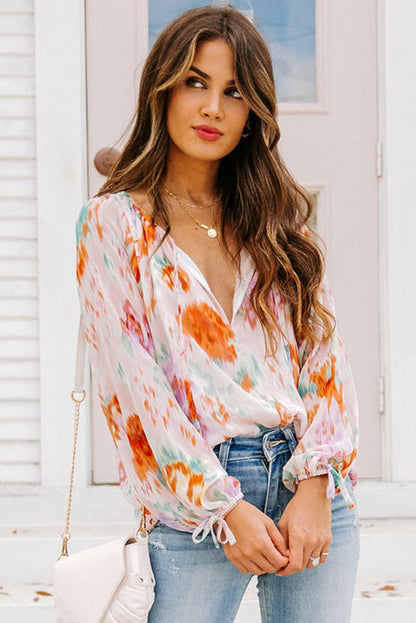 Abstract Print Split Neck Puff Sleeve Blouse | Multicolour