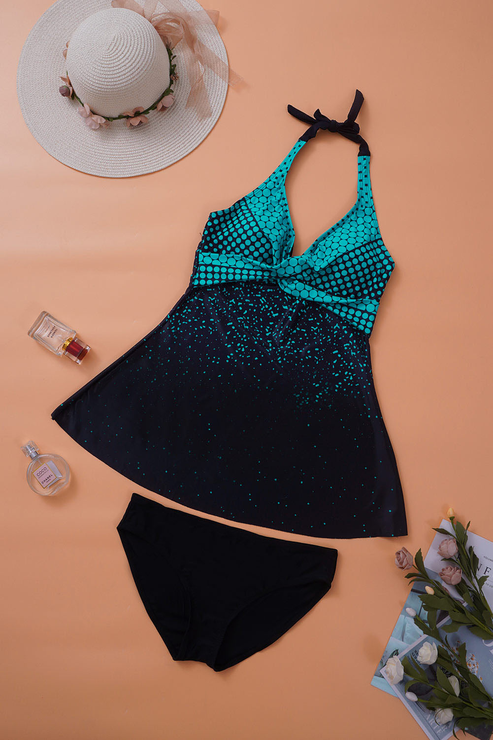 Turquoise Dot Print Halterneck Tankini Set | Green