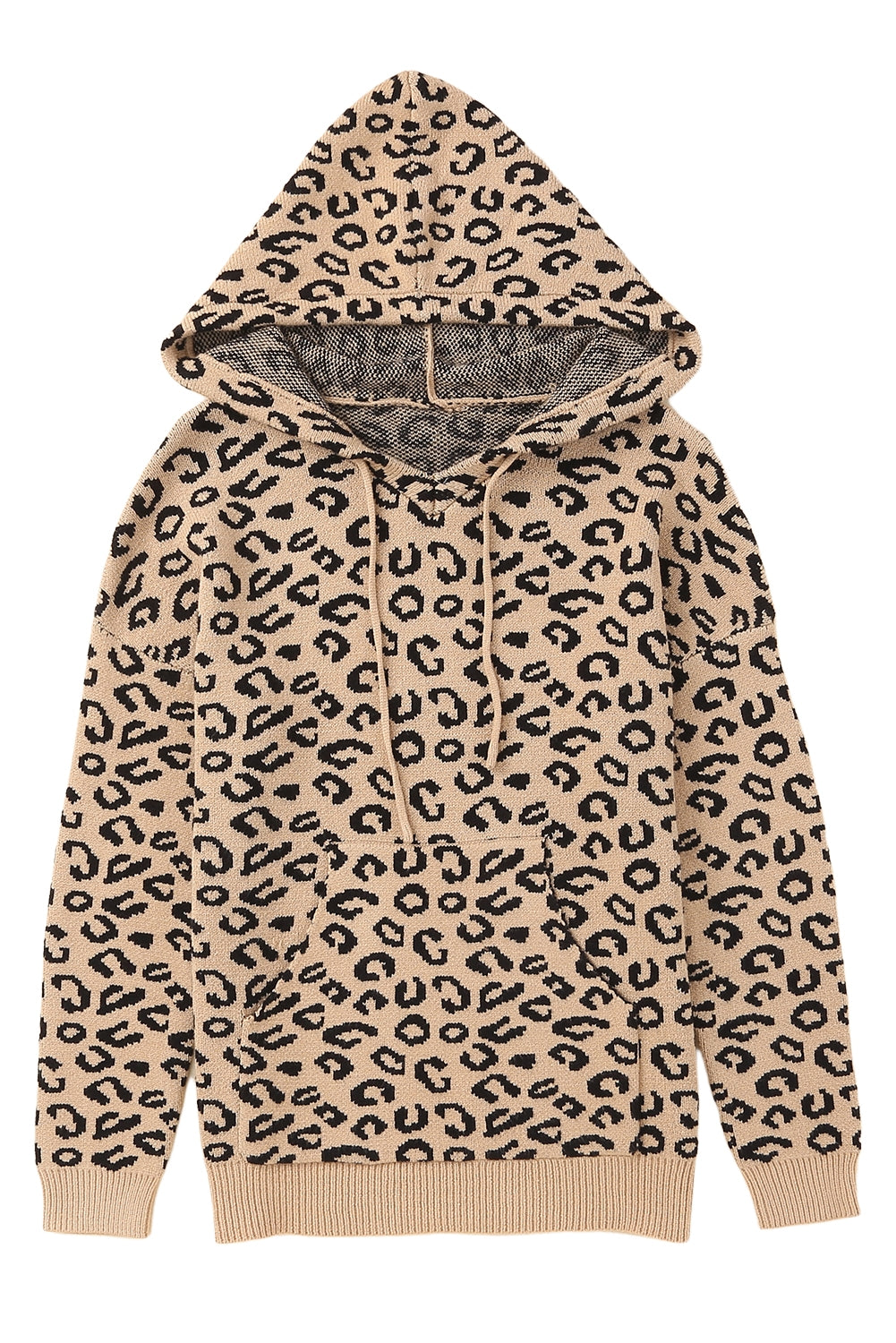 Leopard Knitted Drawstring Hooded Sweater | Khaki