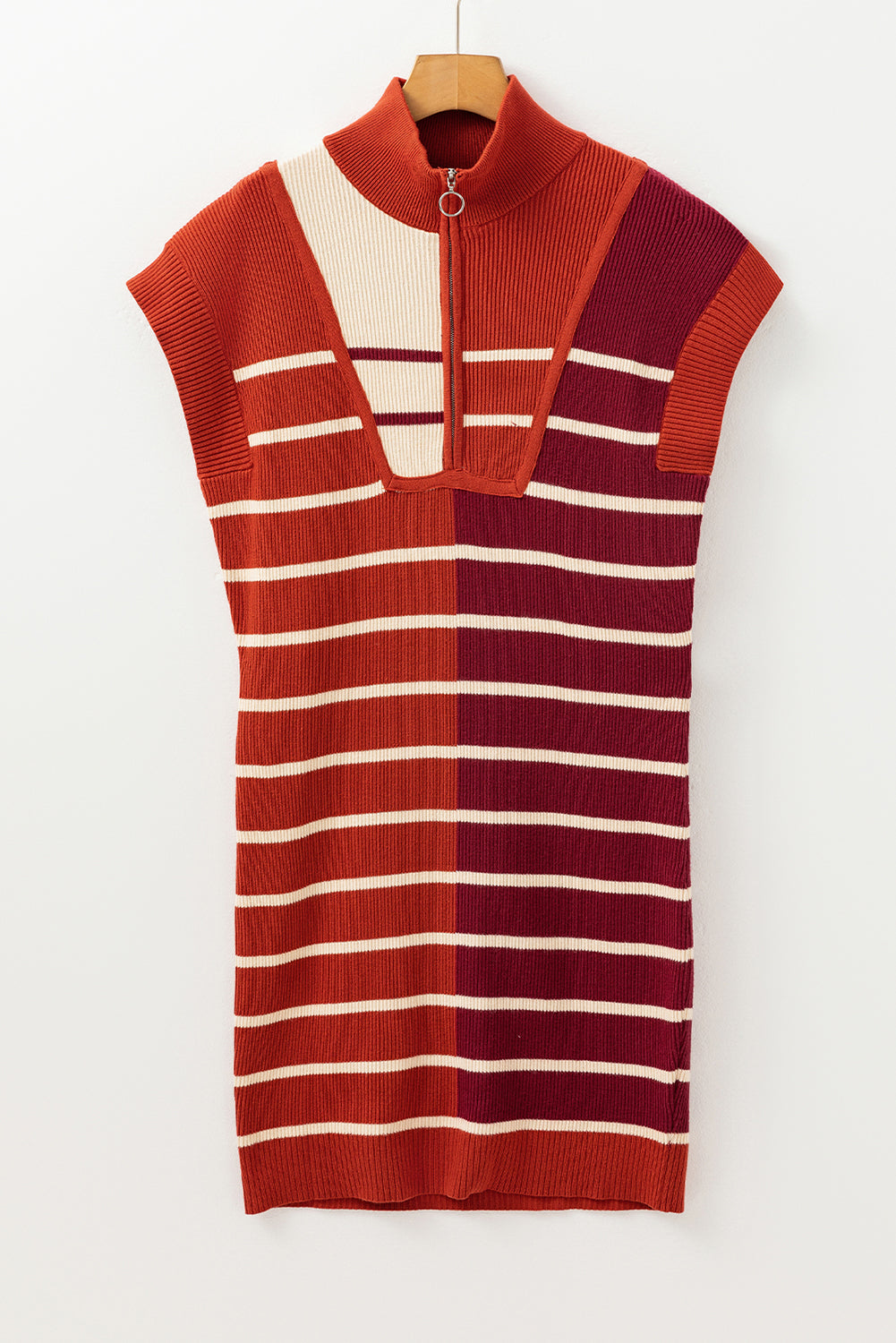 Colour Block Quarter Zip Collar Short Sleeve Sweater Dress | Brown Stripe