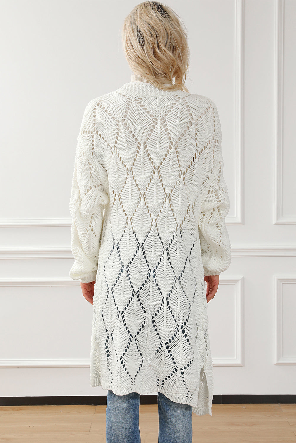 Rhombus Hollowed Knit Open Front Cardigan | White