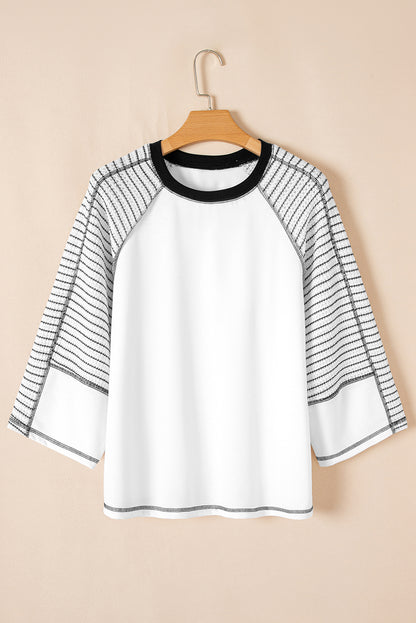 Striped Bracelet Sleeve Raglan Patchwork Top | Black