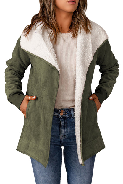 Faux Suede Fleece Lined Open Front Jacket | Green