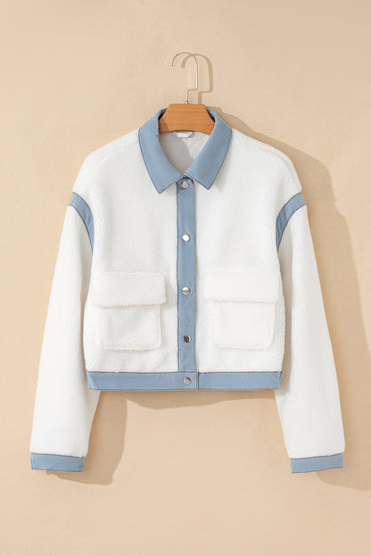 Contrast Trim Buttoned Sherpa Jacket | White