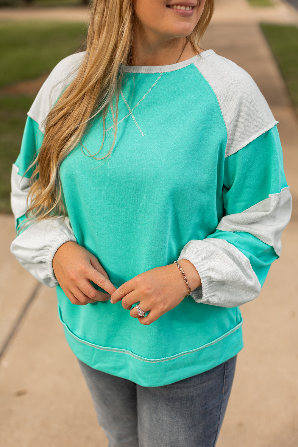 Colourblock Patchwork Cross Seam Plus Sweatshirt | Aruba Blue