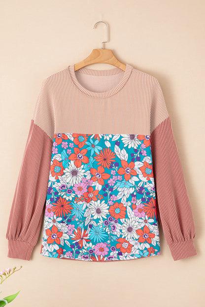 Floral Contrast Colourblock Ribbed Top | Printed