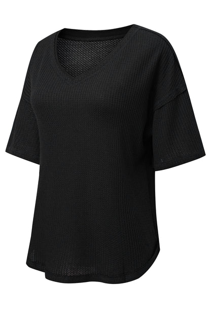 Waffle Knit Drop Shoulder Loose Top | Black