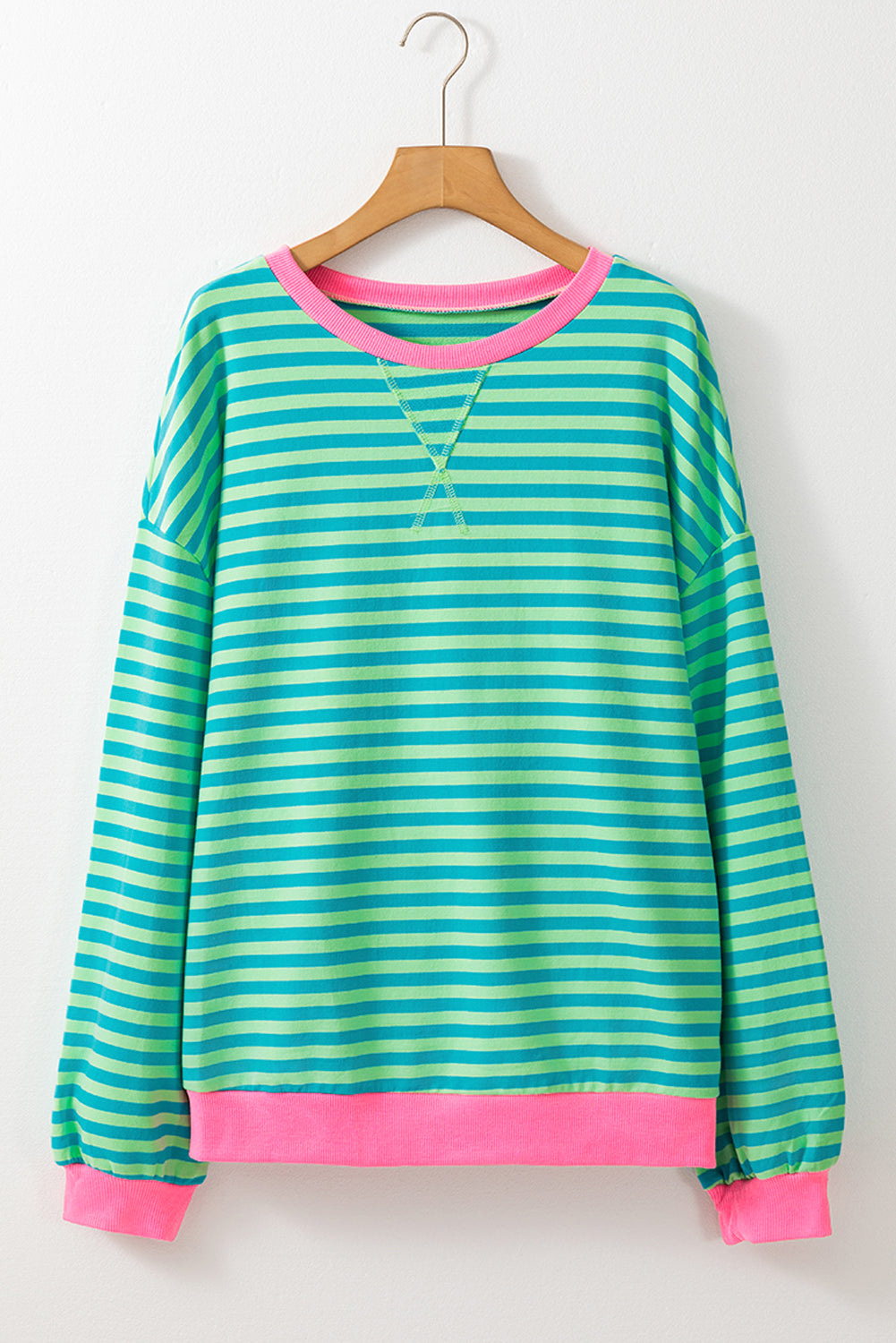 Oversized Contrast Trim Pullover Sweatshirt | Sky Blue Stripe