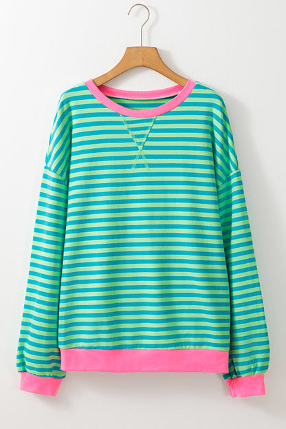 Oversized Contrast Trim Pullover Sweatshirt | Sky Blue Stripe