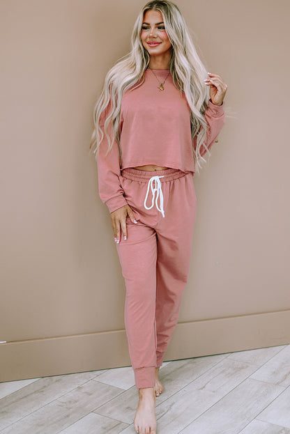 Solid Sport Boxy Fit Pullover & Pants Outfit | Pink