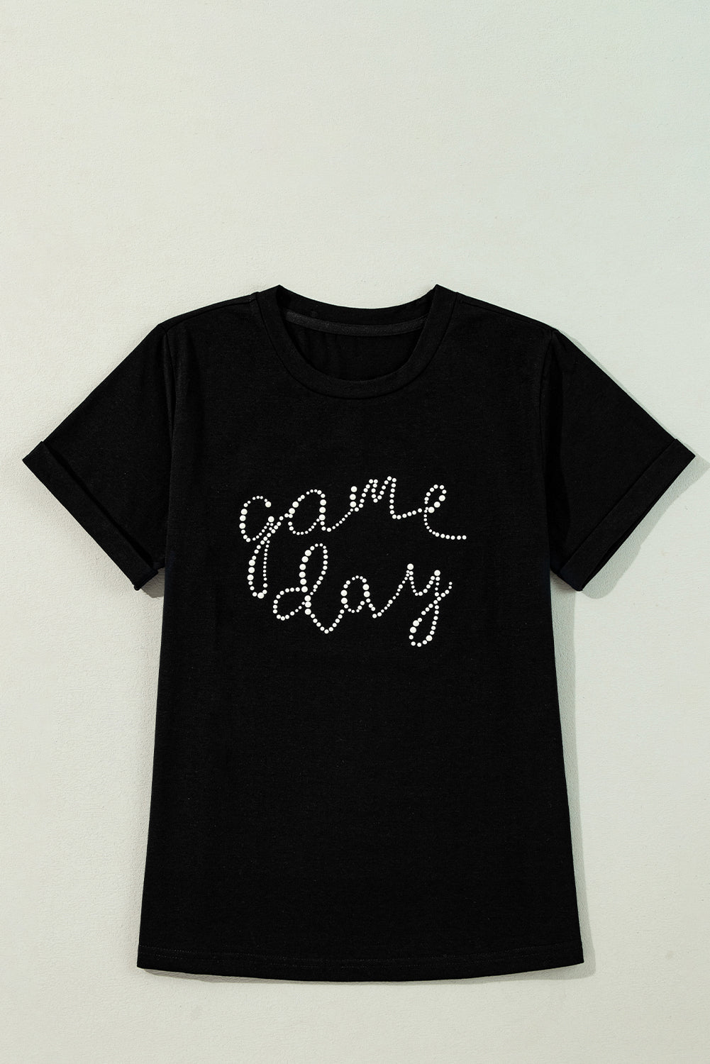 Shiny Rhinestone Game Day Pattern Crewneck T Shirt | Black