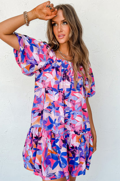 Flower Print Short Puff Sleeve Ruffled Dress | Purple