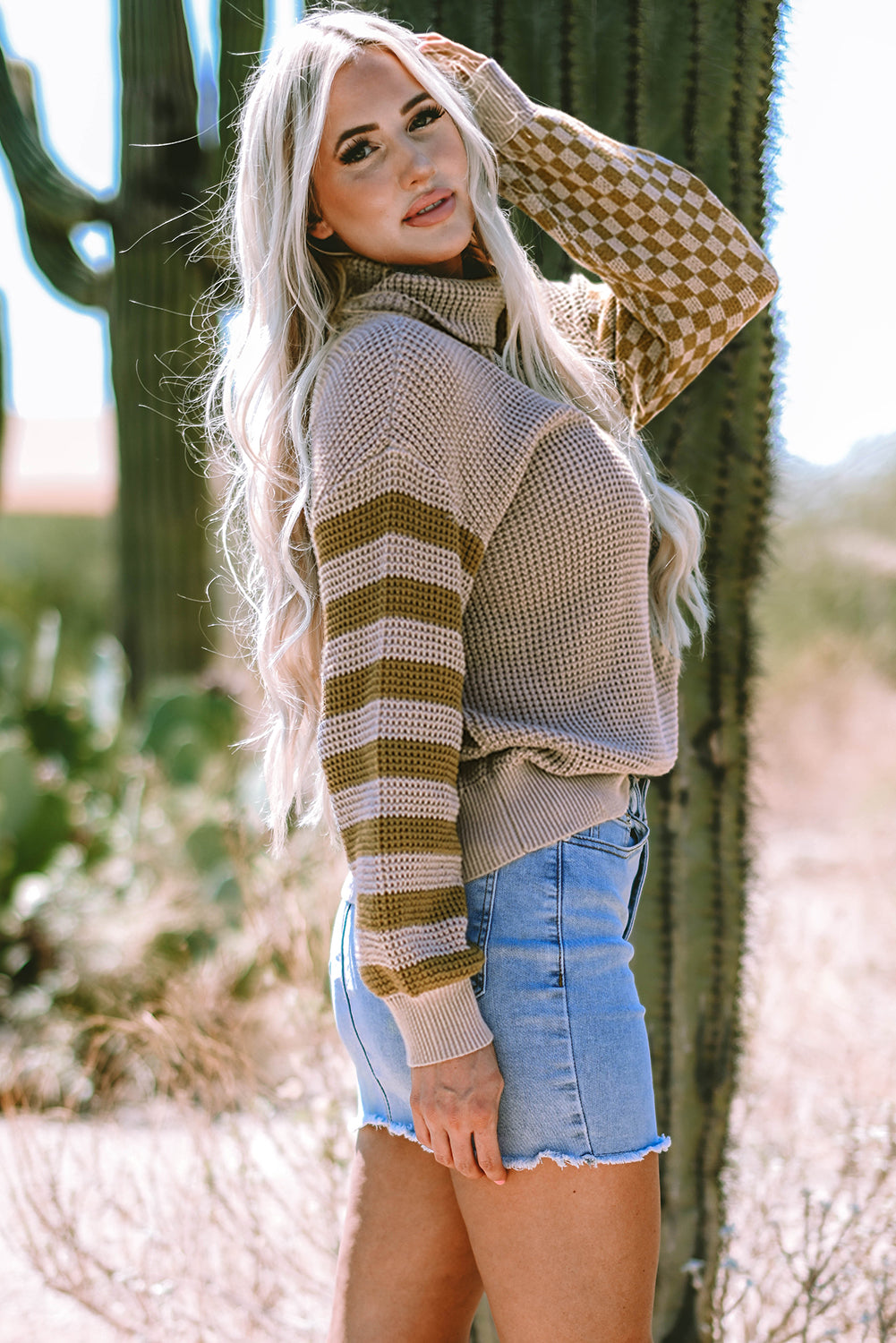 Striped Plaid Patchwork Waffle Knit Turtleneck Sweater | Smoke Gray